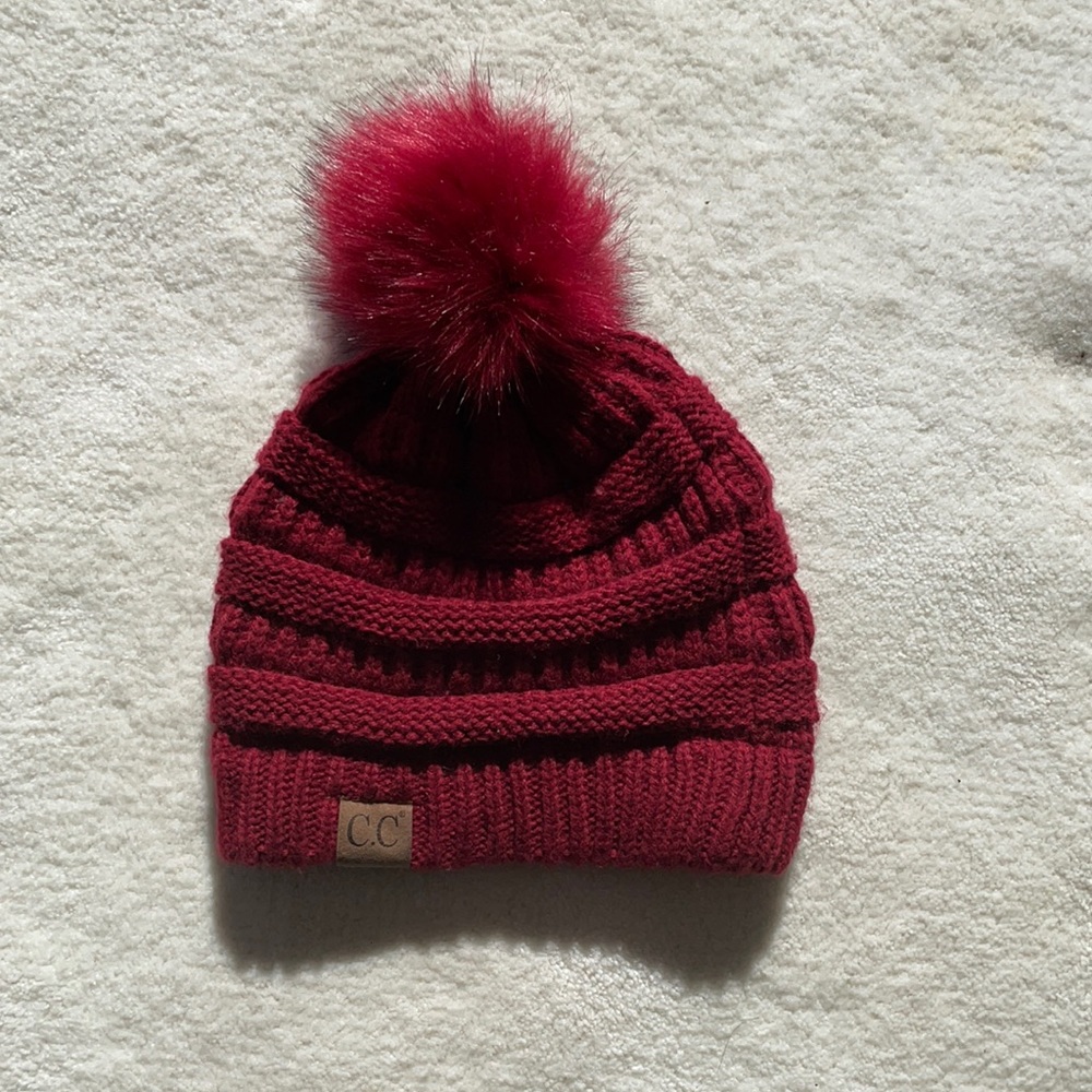 Red Fur Pom Beanie CC